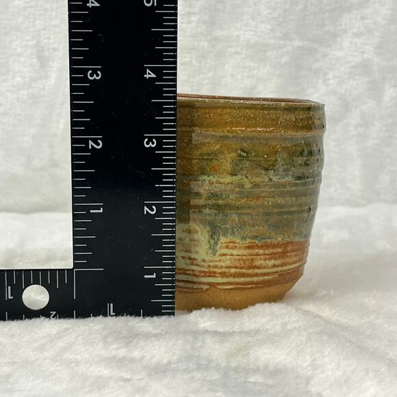 Studio Pottery Cup Handmade Stoneware Tumbler 3.5" Green Brown Ridged Glaze - Picture 8 of 9